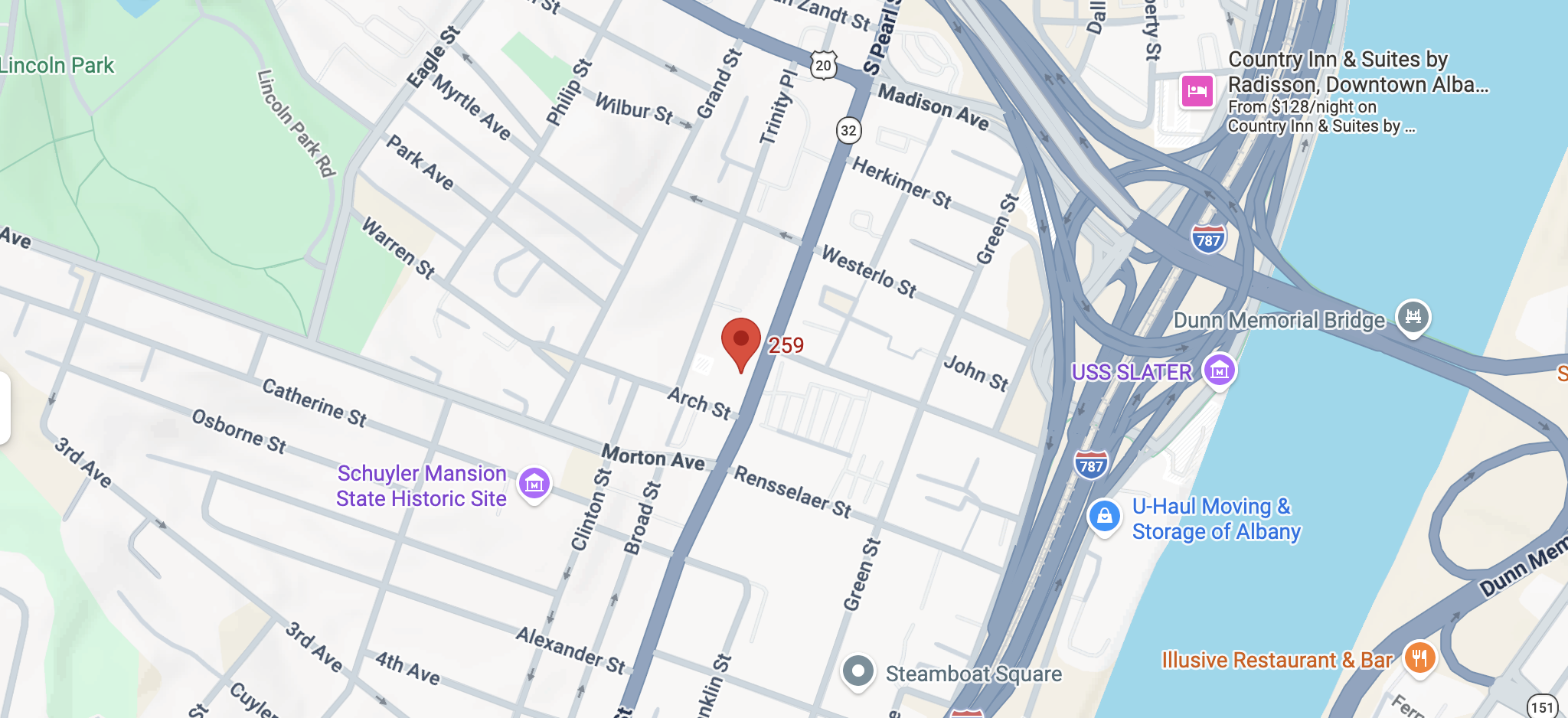 Map showing Capital City Rescue Mission at 259 South Pearl Street in Albany, New York